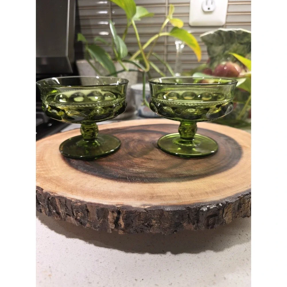 VTG Avocado Green Indiana Glass‎ Kings Crown Thumbprint Dessert Goblet Set Of 4